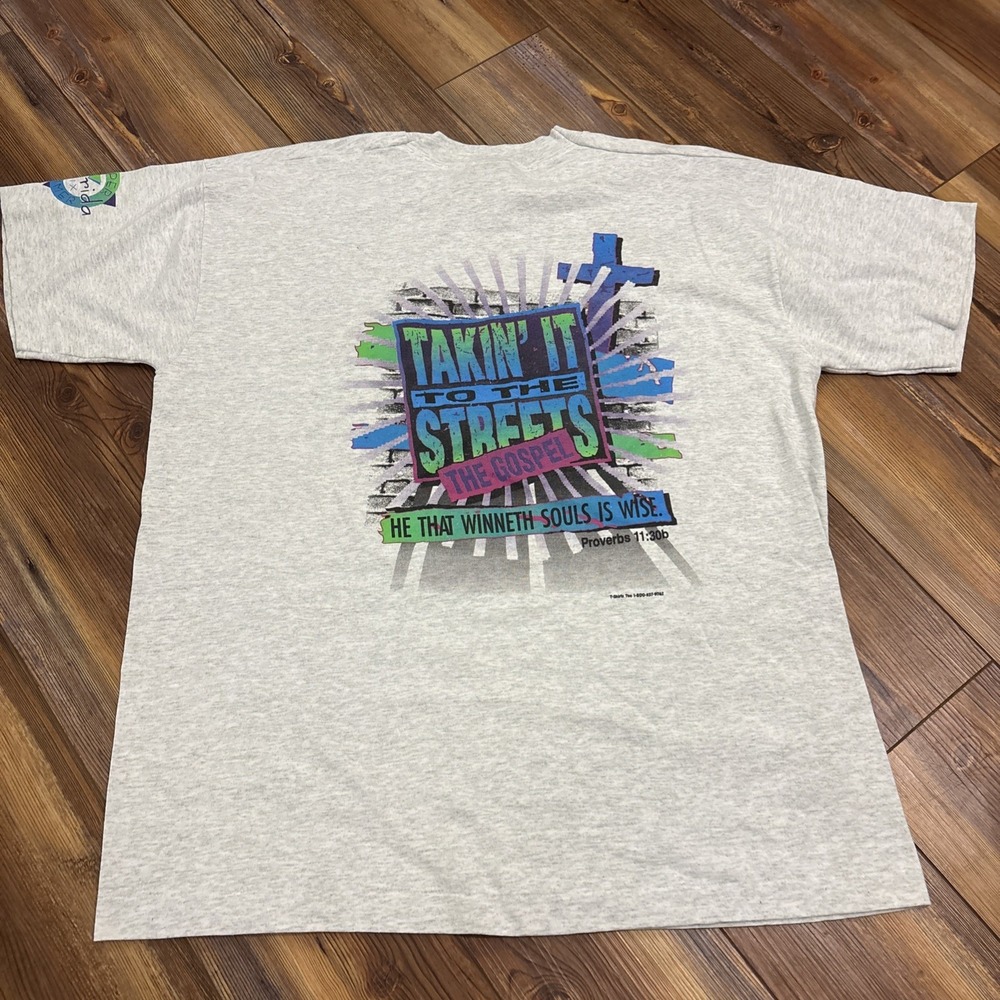 Vintage 90s Takin It To The Streets Jesus Tee Gospel T-Shirt XL Gray Made in Usa
